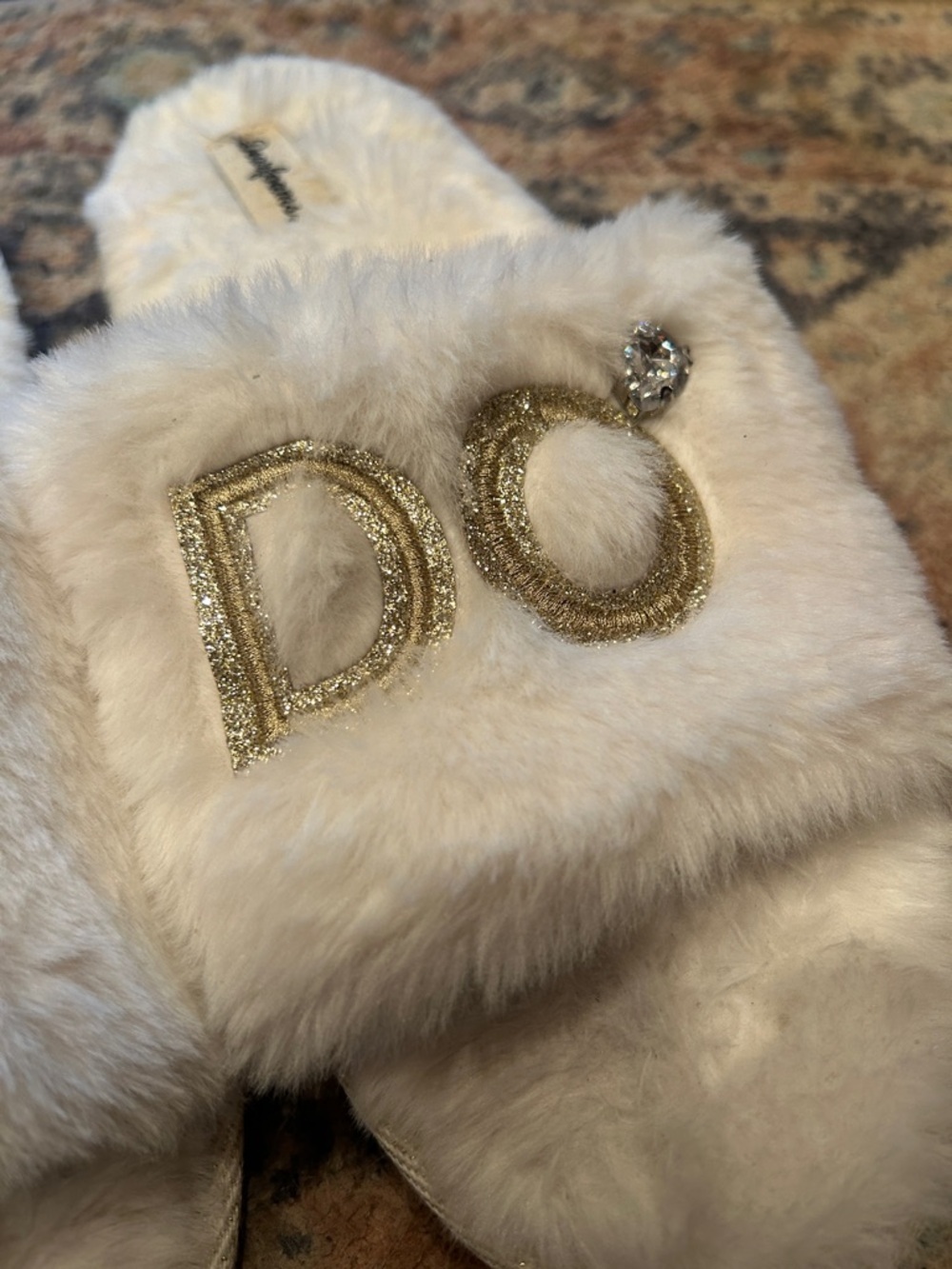 Dearfoams White Furry "I DO" Slippers with Gold Accent - Picture 3 of 9